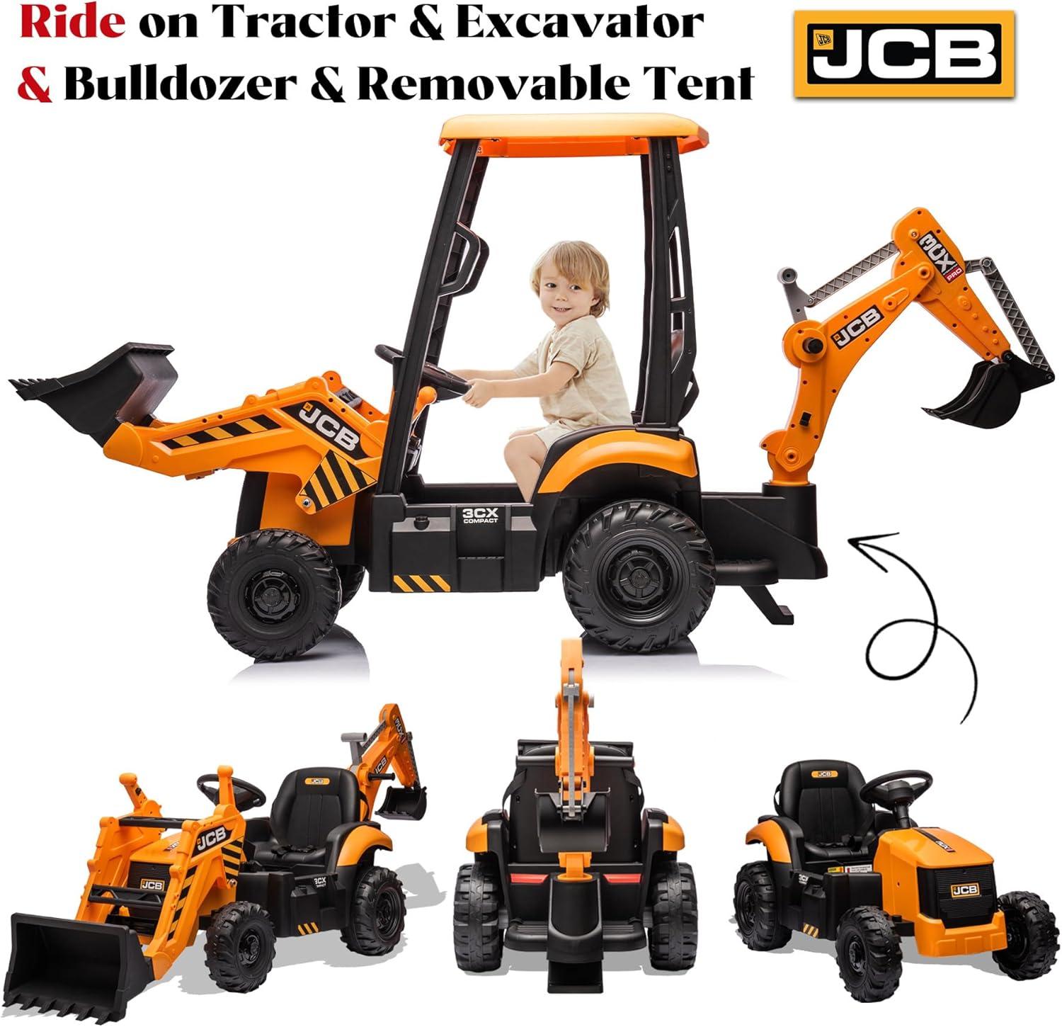 EastVita 12V Ride on Toys Tractor, Kids Ride on Car Toy Excavator Bulldozer, 12V Digger w/Trailer, Shovel Bucket, Digger, Remote Control, EVA Tires, LED Lights, Music, USB