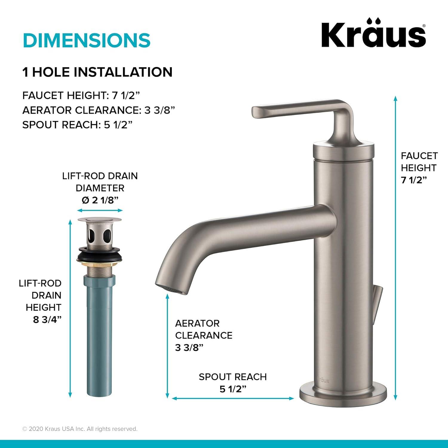 KRAUS Ramus Single Handle Bathroom Sink Faucet with Lift Rod Drain