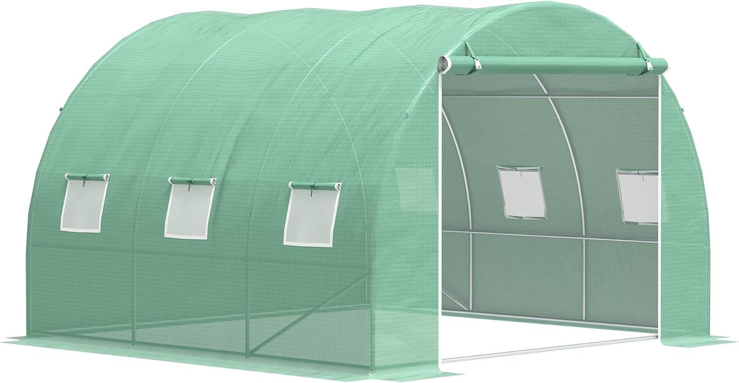 Outsunny Green Walk-In Tunnel Greenhouse with PE Cover and Zipper Doors