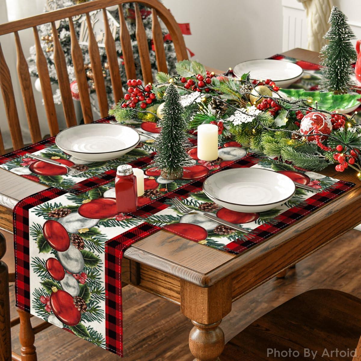 Linen Red and Black Buffalo Check Plaid Christmas Placemats Set of 4 Farmhouse Winter Christmas Xmas Holiday Home Kitchen Table Decorations