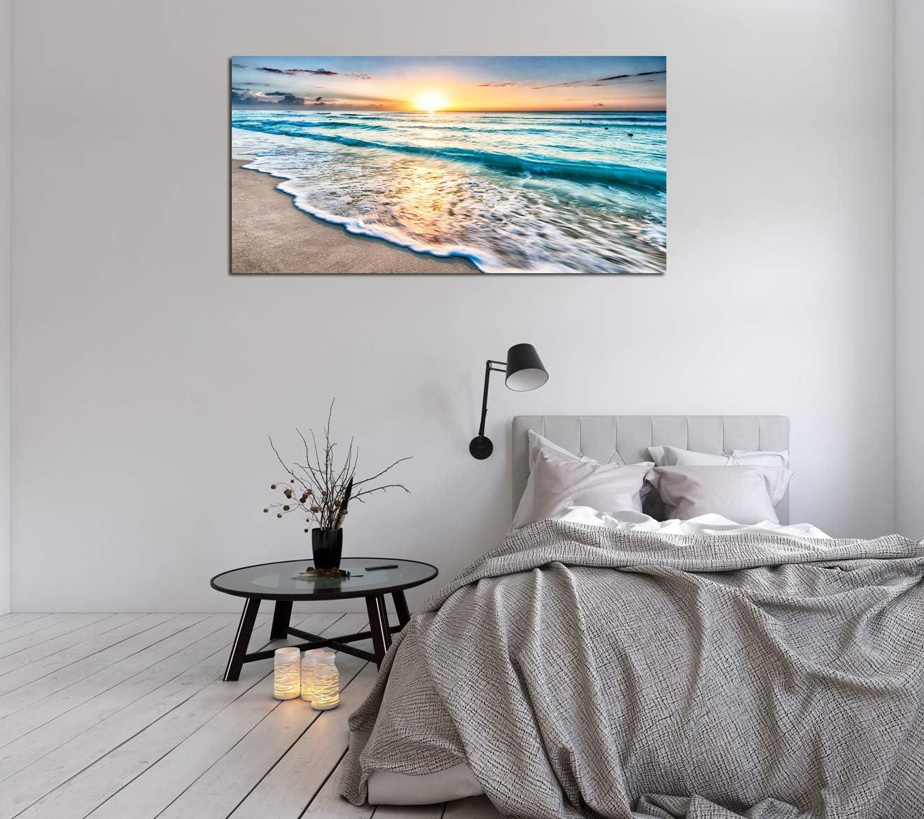 Shiartex Canvas Prints Wall Art Beach Sunset Ocean Waves Nature Pictures Stretched Pictures to Photo Paintings on Canvas for Home Office Decorations Wall Décor -20x16 In