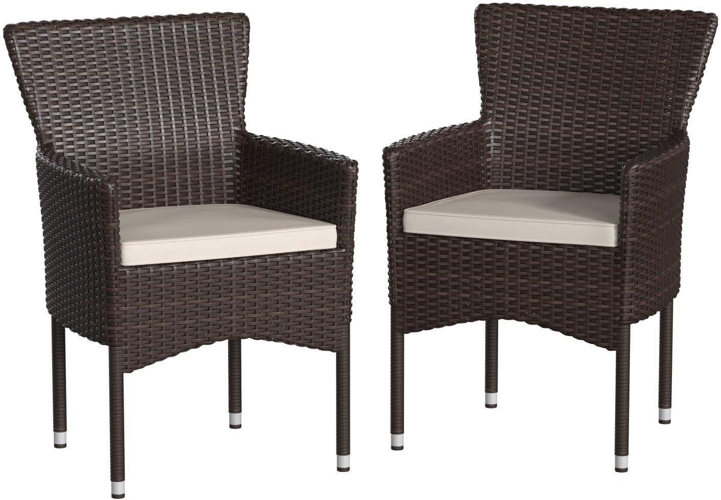 Espresso Brown Wicker Patio Dining Chairs with Cream Cushions, Set of 2