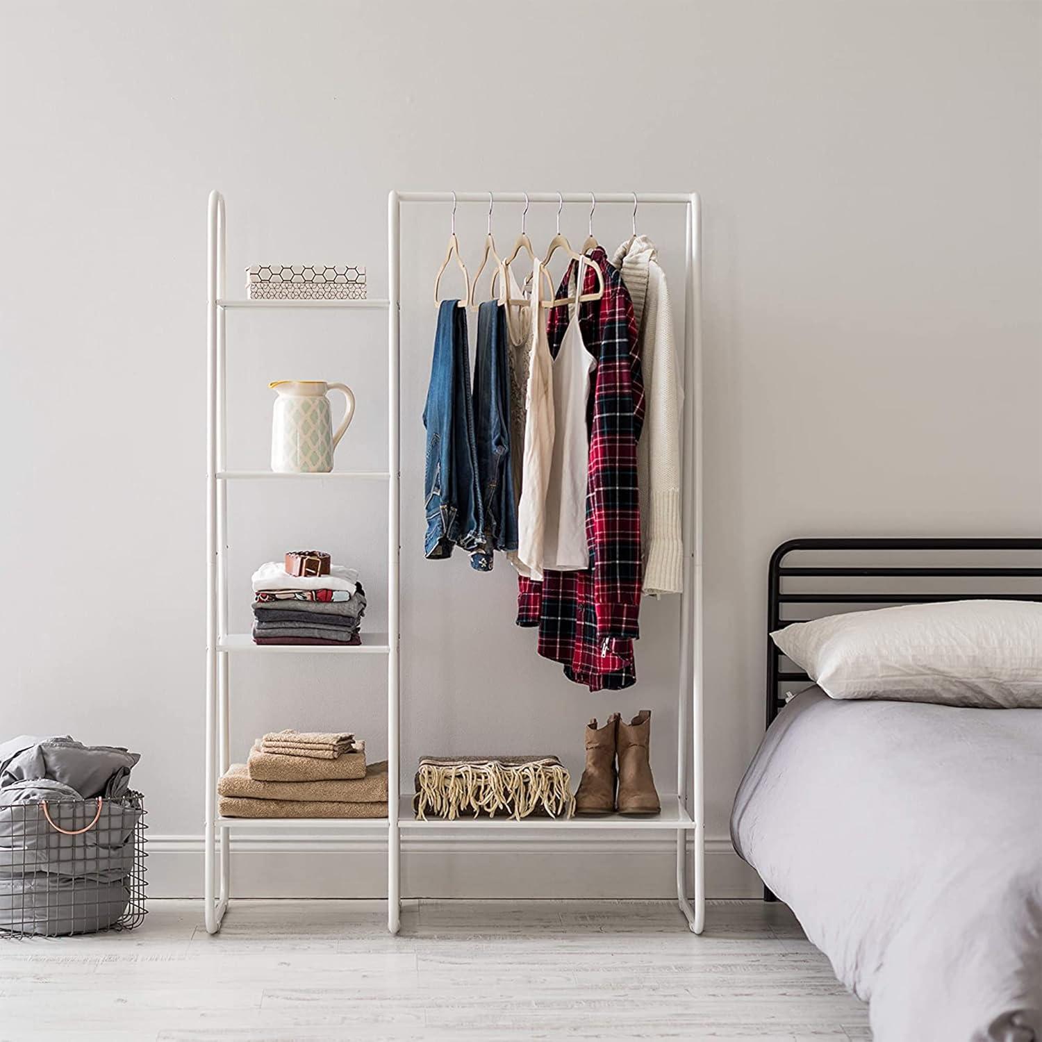 IRIS USA Clothes Rack with 4 Metal Shelves, Freestanding for Hanging Clothes, White