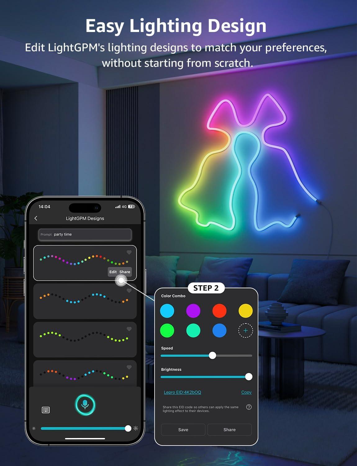 Lepro Lepro N1 AI Smart RGB Rope Lights, LLM AI Generated Lighting, LightBeats Music Sync, Color Segment DIY, Voice Control Via App, Wi-Fi & Bluetooth LED Strip Lights (Set of 6)