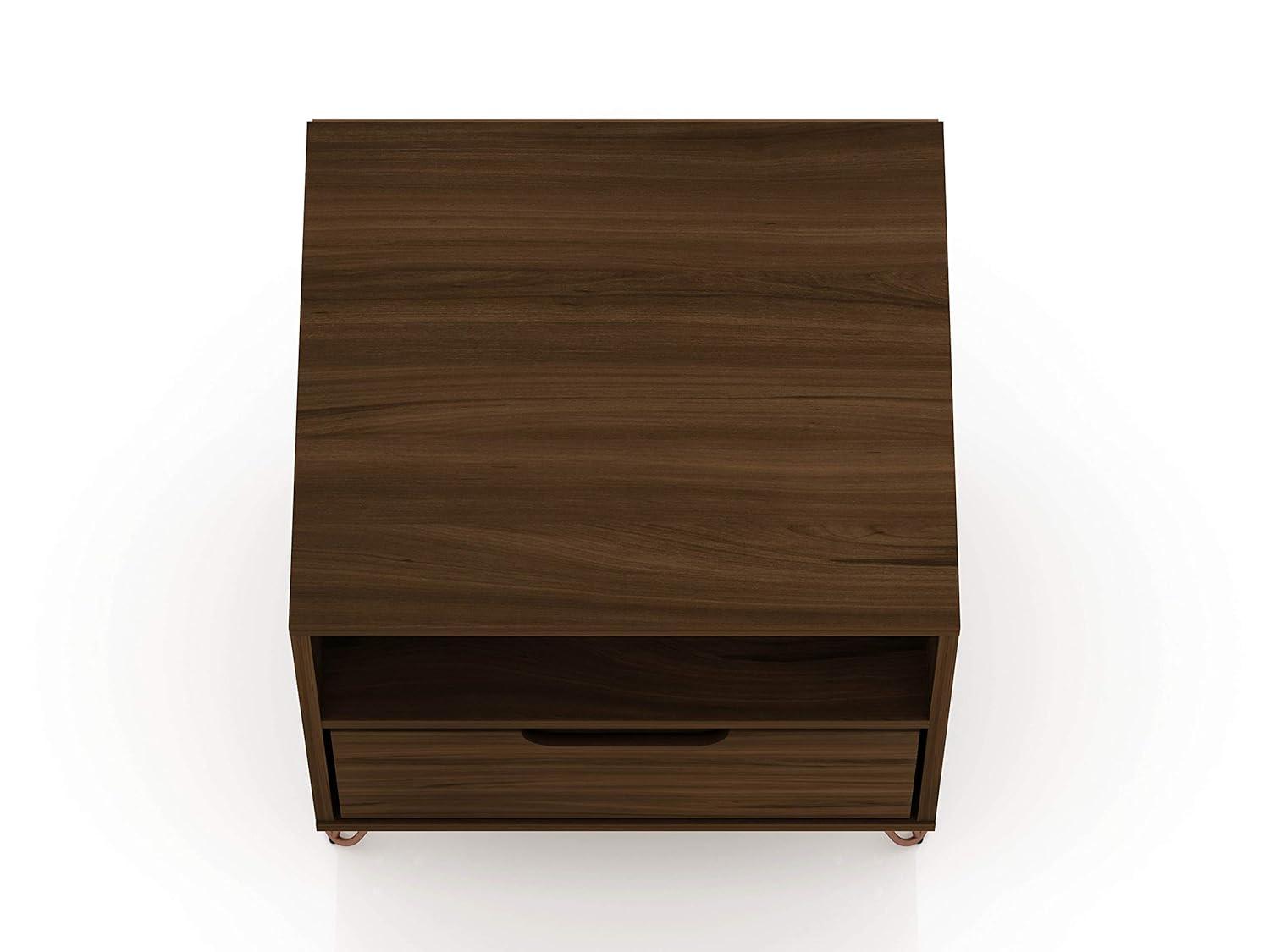 1.0 Rockefeller Nightstand Brown - Manhattan Comfort: Modern Bedside Table with Storage, Shelving & Metal Glides