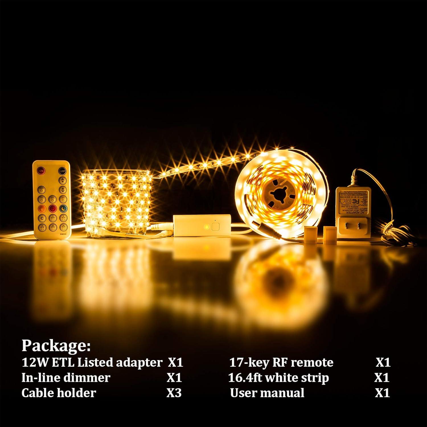 Warm White Dimmable LED Strip Lights: 16.4ft, RF Remote, ETL Listed Adapter