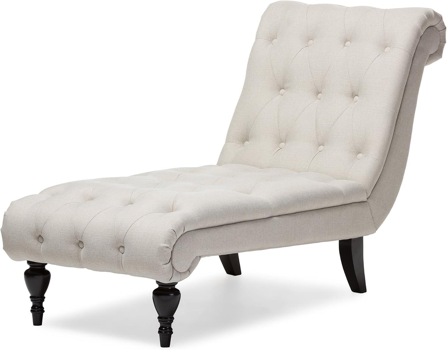 Layla Mid-Century Light Beige Leather & Wood Button-Tufted Chaise Lounge