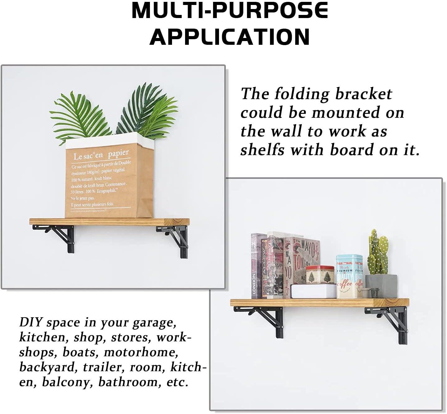 Folding Shelf Brackets - 16 Inch 2 Pcs Heavy Duty Stainless Steel Collapsible Triangle Shelf Bracket, DIY Wall Mounted Folding Table Hinge, Space Saving for Bench Table with Screws