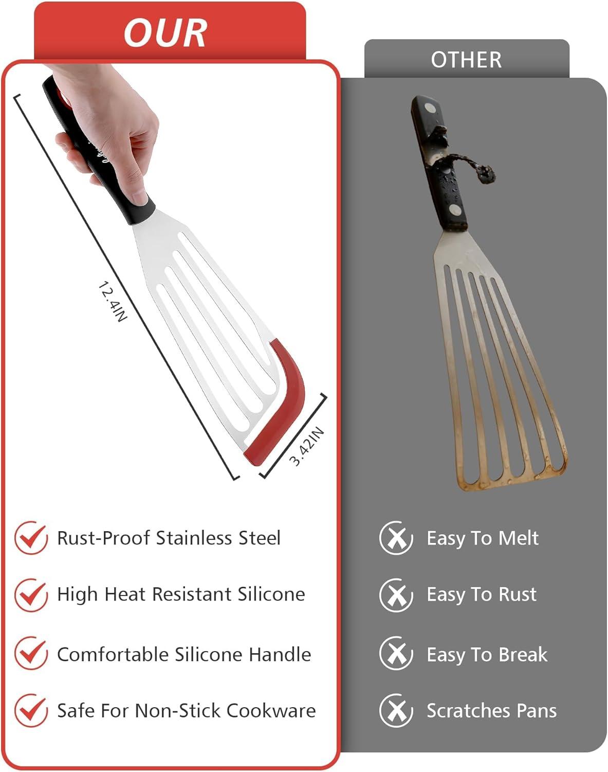 Fish Spatula Turner Set of 2, Heat Resistant Silicone Edge Slotted Fish Spatulas for Nonstick Cookware, Flexible and Thin Stainless Steel Kitchen Cooking Spatula Flipper for Fish, Egg, Pancake