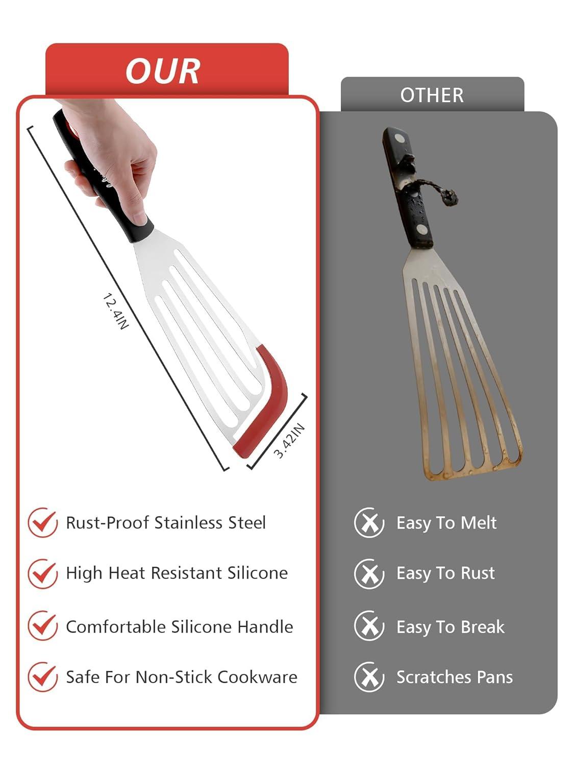 Fish Spatula Turner Set of 2, Heat Resistant Silicone Edge Slotted Fish Spatulas for Nonstick Cookware, Flexible and Thin Stainless Steel Kitchen Cooking Spatula Flipper for Fish, Egg, Pancake