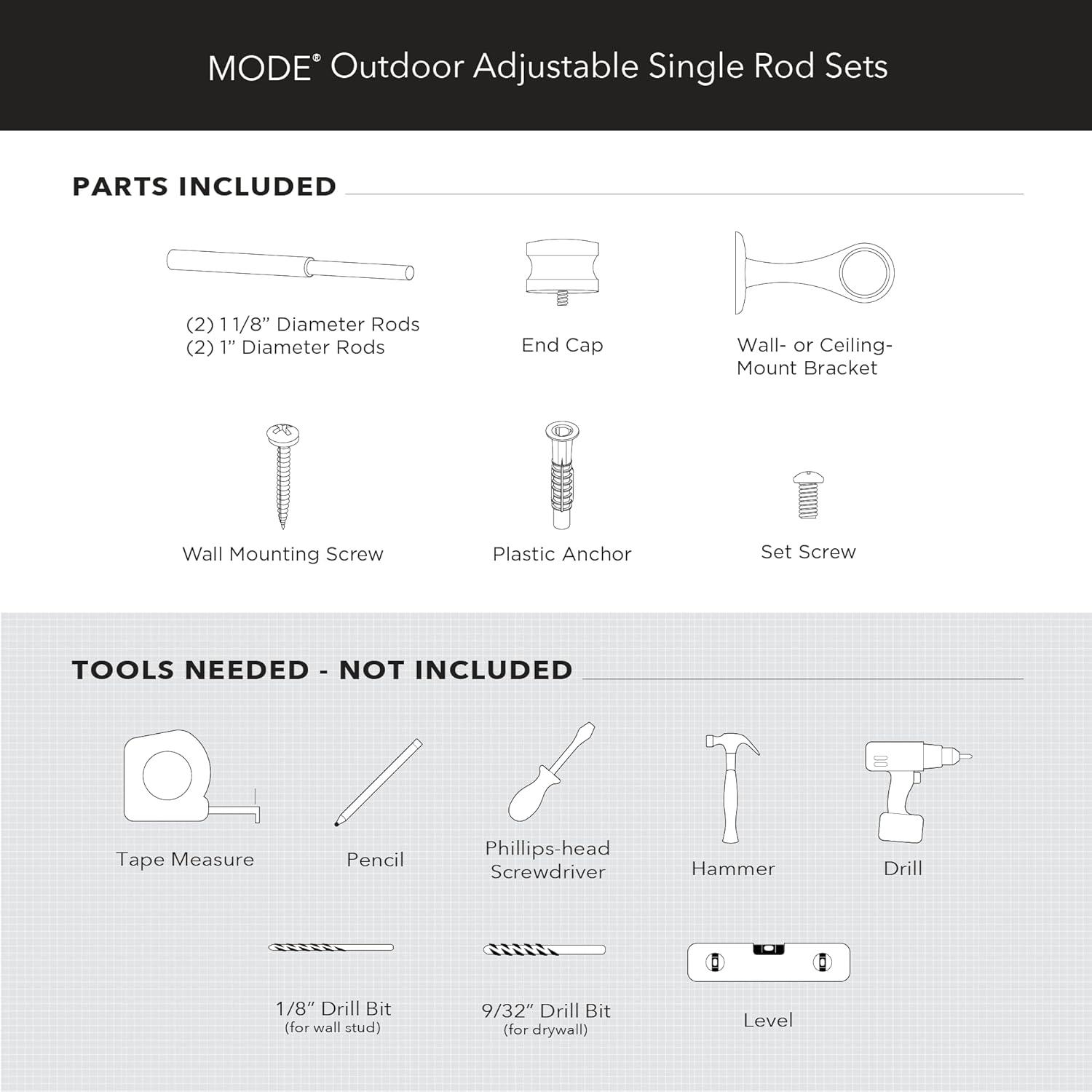 Mode Outdoor Collection 1 1/8 in Diameter Curtain Rod Set with End Cap Finials and Steel Wall Mounted Adjustable Rod