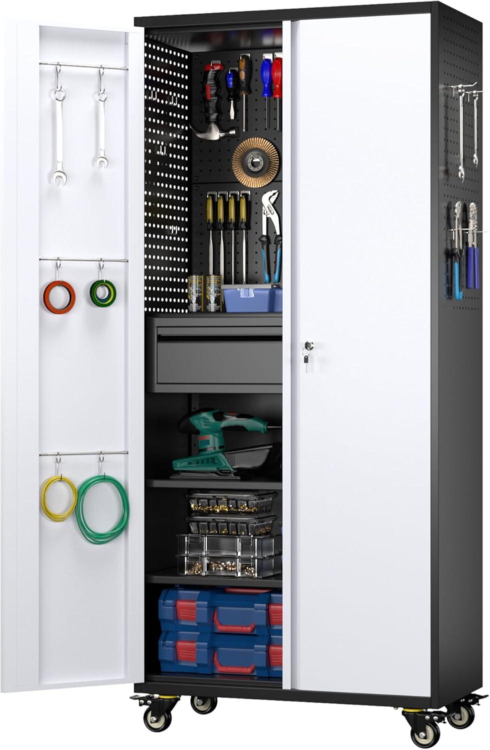 Aobabo Metal Storage Cabinet with Wheels & Pegboards,Office Storage Cabinet with Lock & Shelves,72'' H Steel Garage Cabinet for Office Home Storage,White Required-Assembly