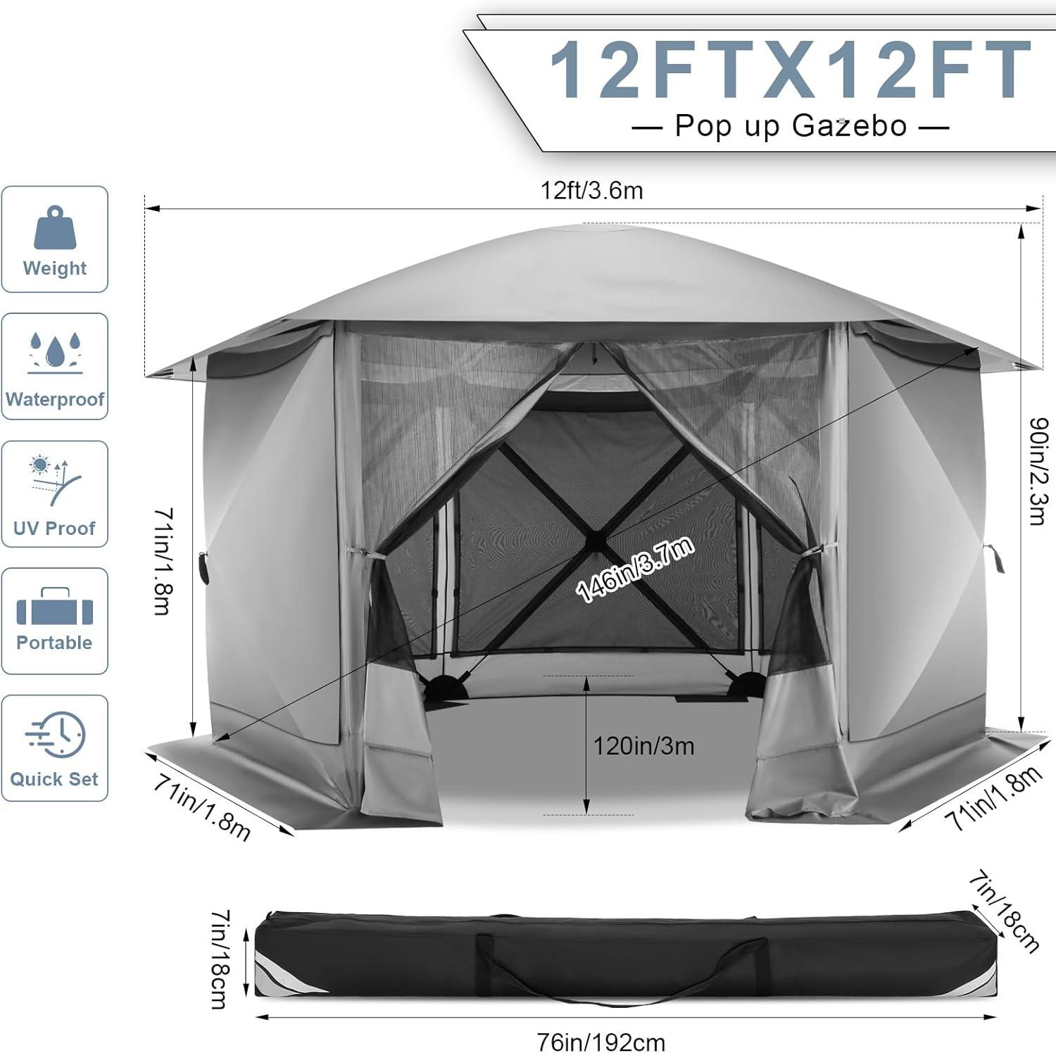 COBIZI Pop up Gazebo Screen Tent Screen House for Camping,12x12 Starry Sky Gazebo with Removable Roof, Outdoor Screened Gazebo with Sidewalls, Portable Hub Tent with Carry Bag and Ground Stakes,Gray