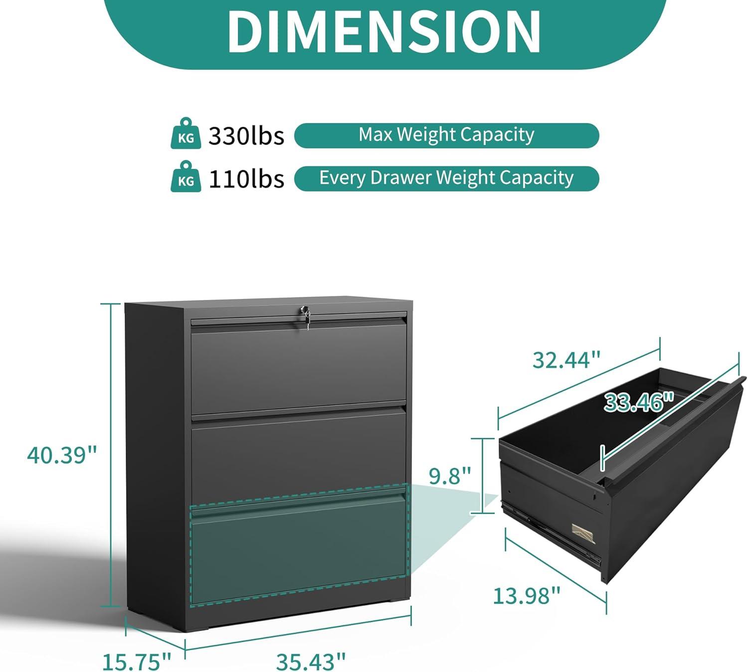 Black Steel 3-Drawer Lockable Lateral Filing Cabinet