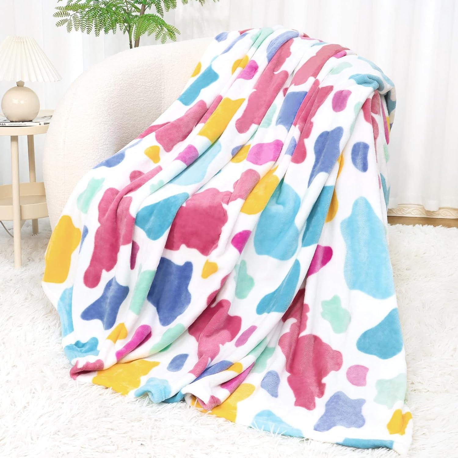 Colorful Cow Print Fleece Throw Blanket for Girls