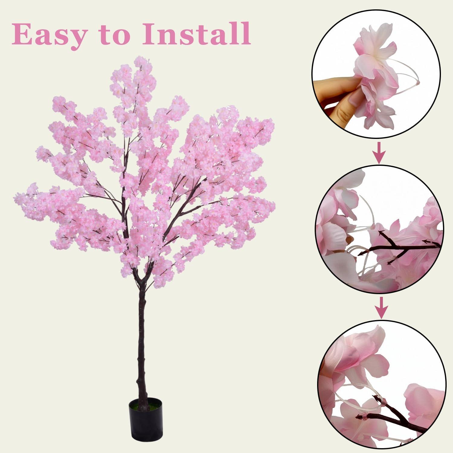 Spaco 6.5 FT Tall Artificial Cherry Blossom Tree with 1170 Pink Flowers, Artificial Cherry Blossom Tree with Stable Structure, Versatile Artificial Cherry Blossom Tree for Indoor and Outdoor, Pink