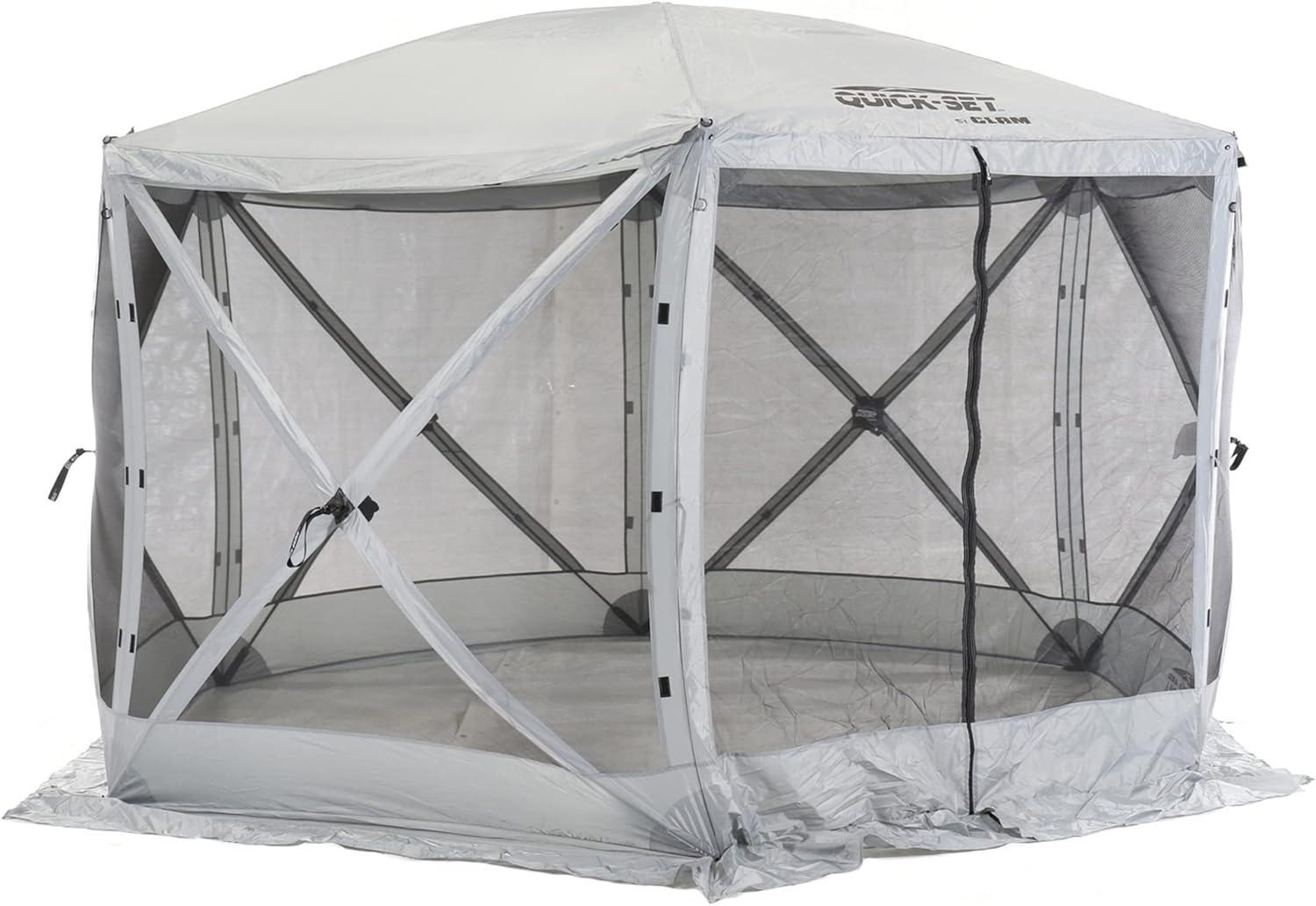 CLAM Quick-Set Escape 11.5 x 11.5 Ft Portable Pop-Up Outdoor Camping Screen Tent 6-Sided Canopy Shelter w/ Netting, Ground Stakes, & Carry Bag, Gray