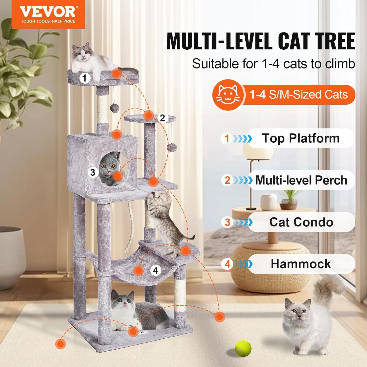 Light Grey 56.2" Cat Tree Tower with Hammock and Condo