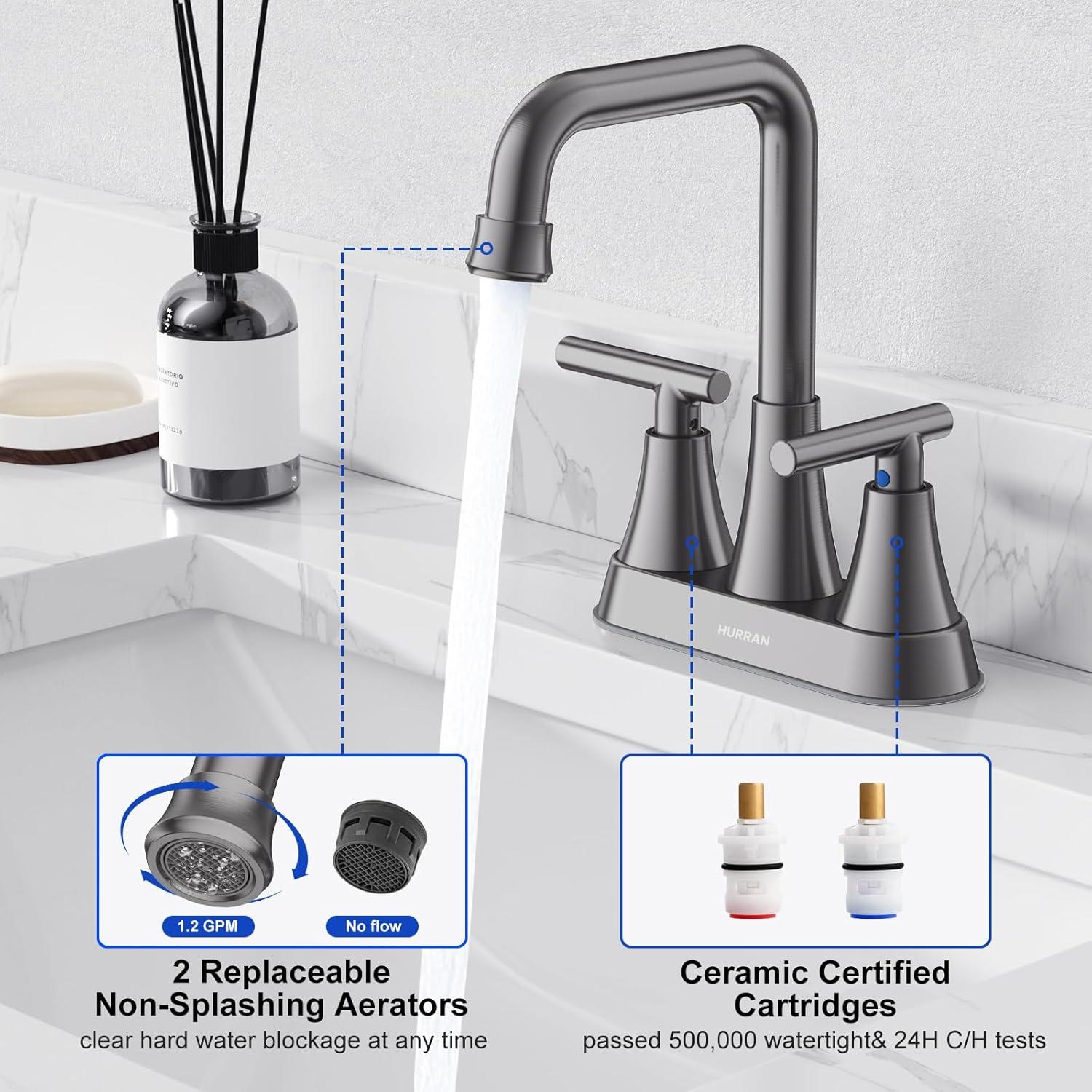 4 Inch Bathroom Faucets for Sink 3 Hole, Faucet for Bathroom Sink with Pop-up Drain & Supply Hoses, 2-Handle 360 Swivel Spout Stainless Steel Lead-Free, Centerset Faucet for Vanity Lavatory