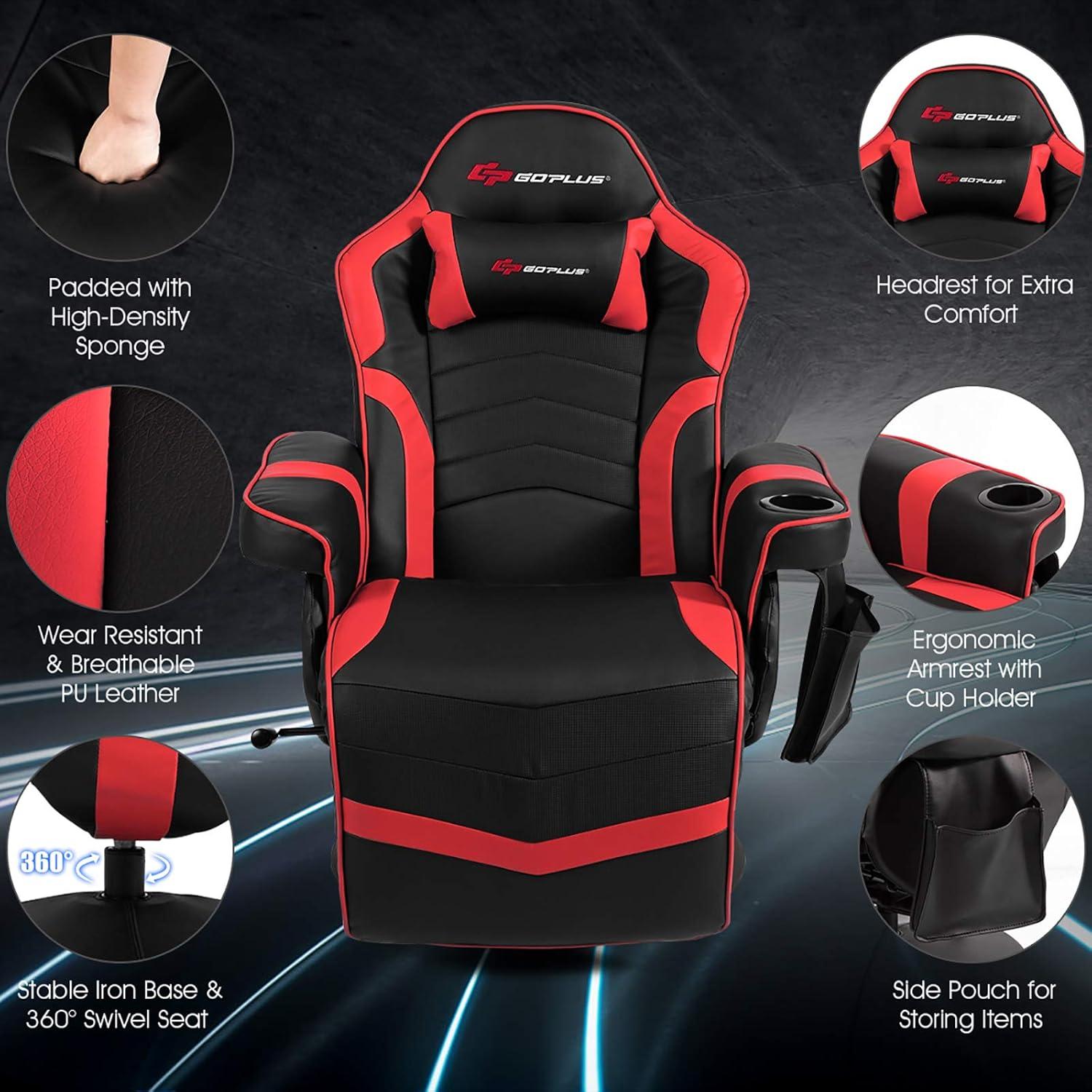 POWERSTONE Gaming Recliner Massage Gaming Chair with Footrest Ergonomic PU Leather Single Sofa with Cup Holder Headrest and Side Pouch, Adjustable Living Room Chair Seating, Red