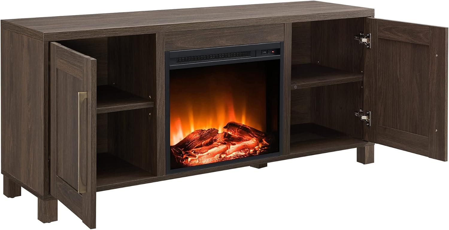 Alder Brown Transitional 58" TV Stand with Electric Fireplace and Cabinets