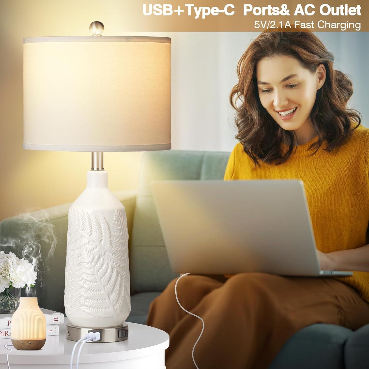 White Ceramic Table Lamps Set with Linen Shades and USB Ports