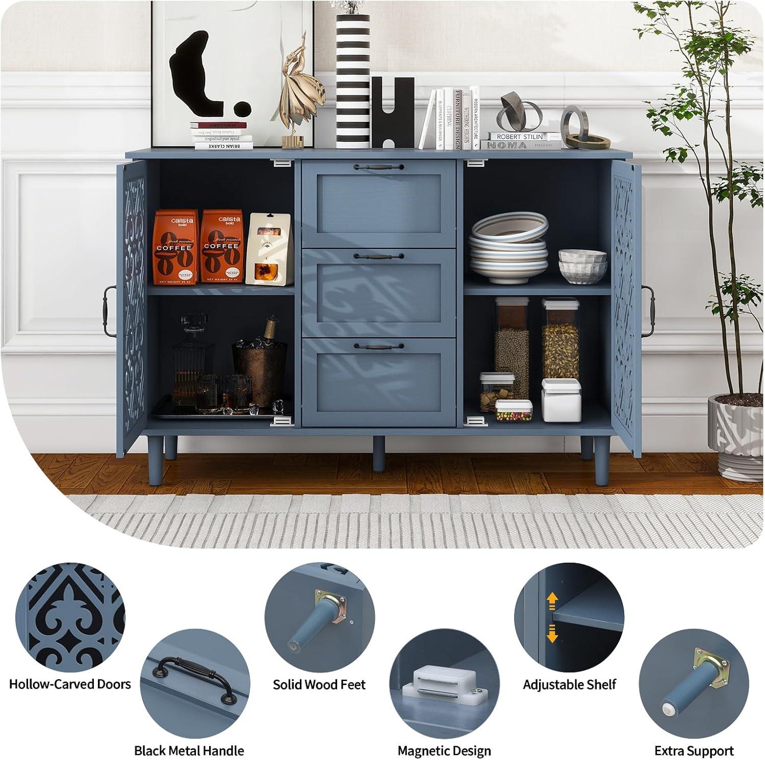 Sideboard Buffet Cabinet with Storage - American Furniture Cabinet, Accent Storage Console Table with Carved Pattern, Farmhouse Wood Credenza for Study Room, Entryway, Dining Room, Kitchen