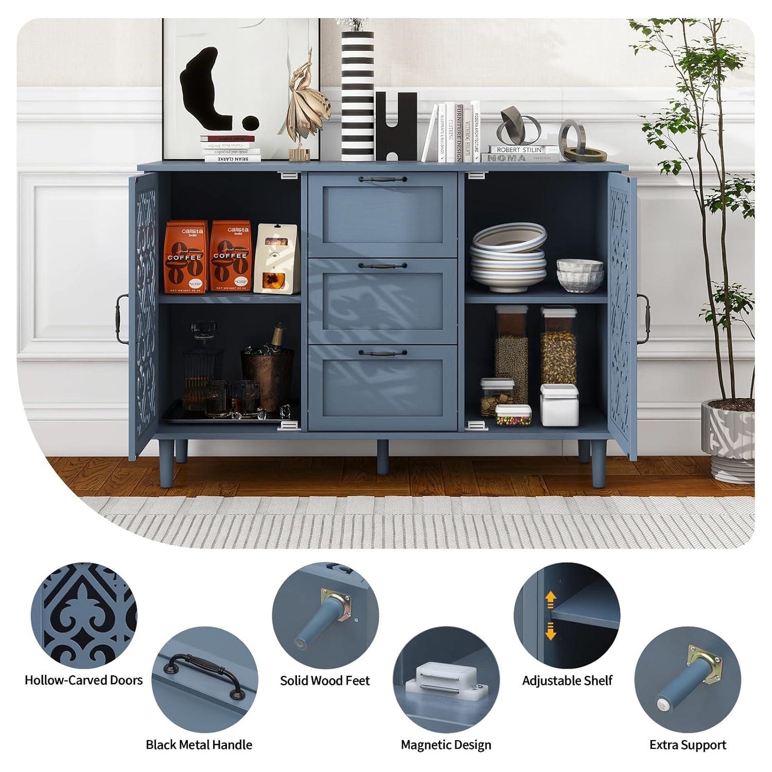 Sideboard Buffet Cabinet with Storage - Accent Storage Cabinet with Hollow Carved Pattern, Modern 2 Door 3 Drawer Cabinet, Farmhouse Wood Credenza for Living Room, Dining Room (Blue)