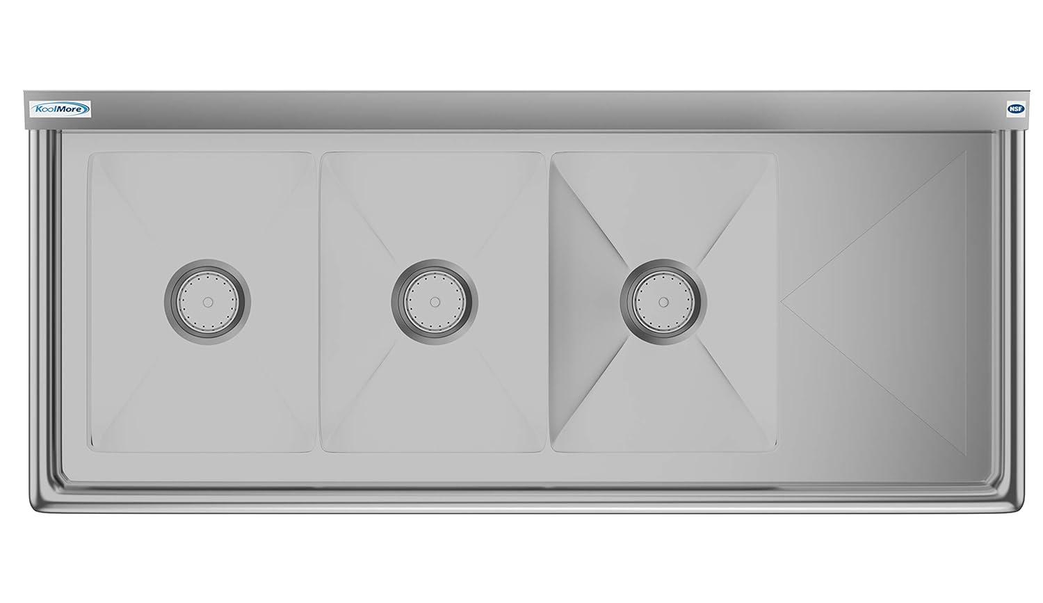 KoolMore 51 in. Three Compartment Stainless Steel Commercial Sink with Drainboard, Bowl Size 12"x 16"x 10"