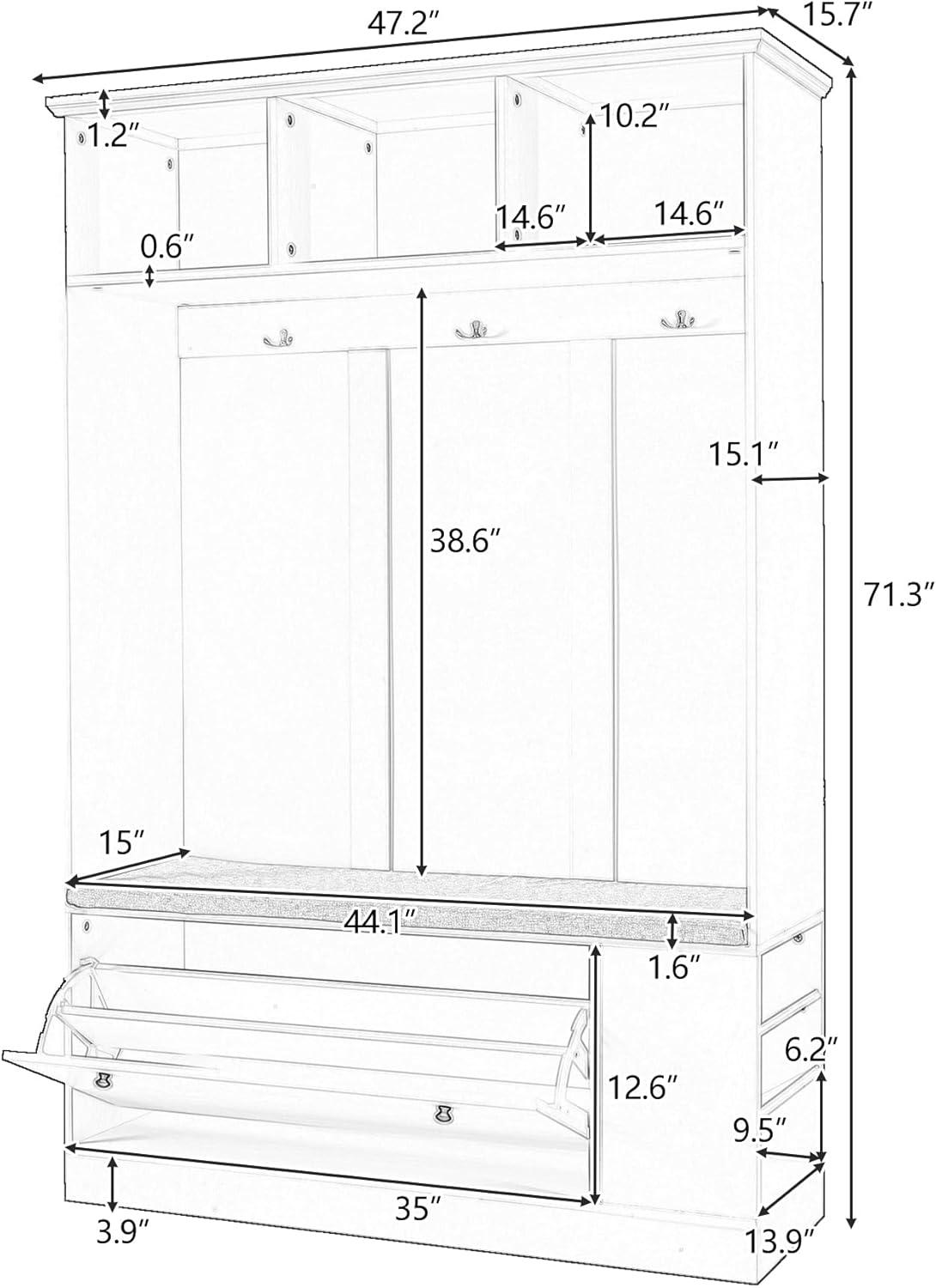 Coat Rack with Shoe Storage, Hall Tree with Bench in MDF, 5 in 1 Entryway Bench with Coat Rack, Padded Seat Cushions, 3 Hooks and 3 Open Cabinet, Coat Rack freestanding for Hallway, Entryway, Black