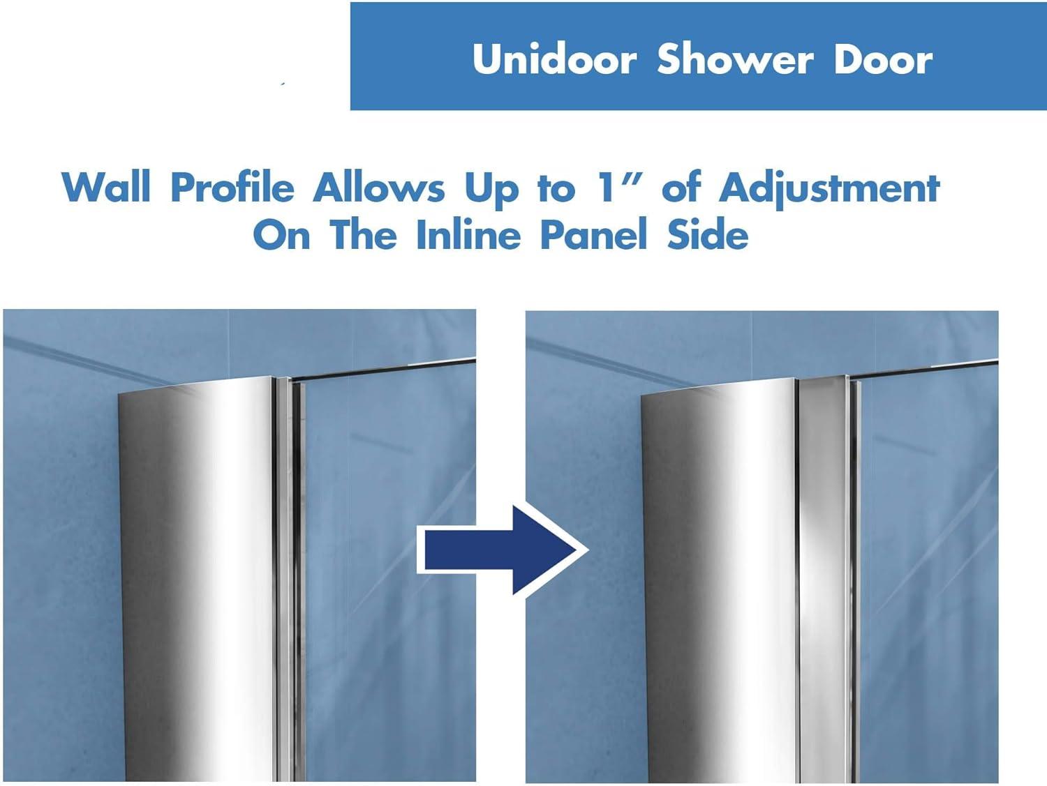 Unidoor Frameless Hinged Shower Door with Clear Glass and Black Hardware