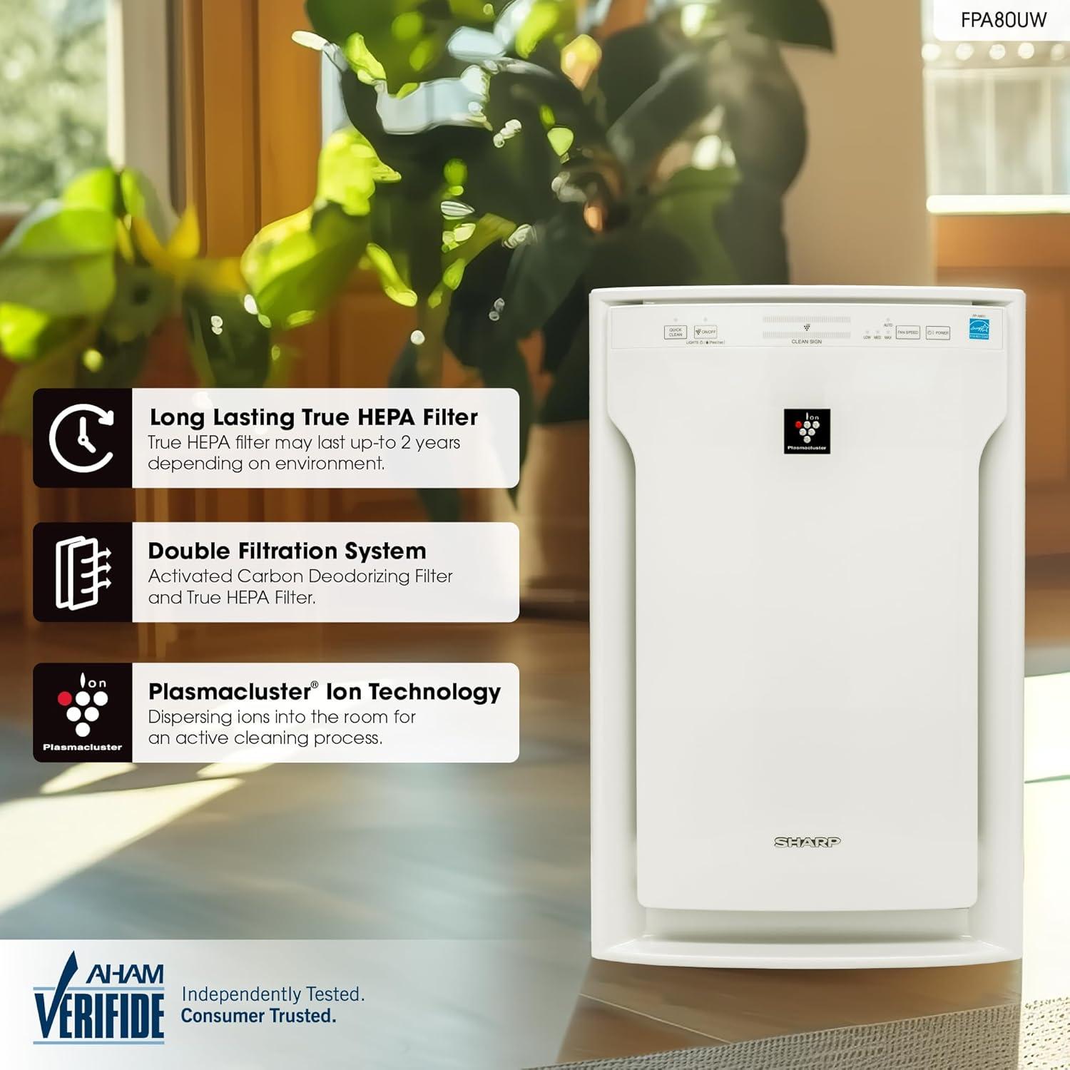 Sharp True HEPA Air Purifier with Plasmacluster Ion Technology for Extra-Large Rooms (FPA80UW)