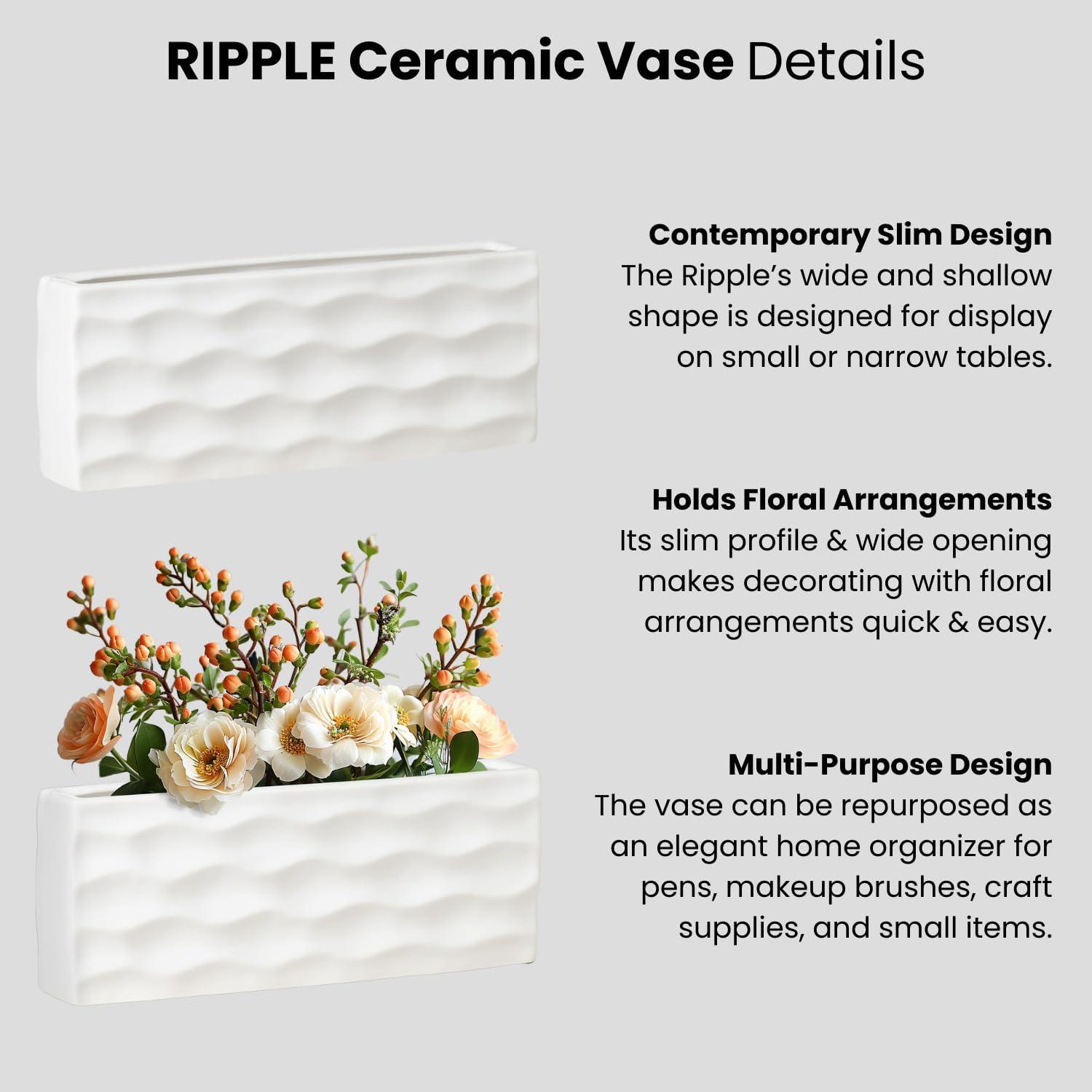Elegant Glossy White Ceramic Rectangular Vase for Faux or Fresh Bouquets
