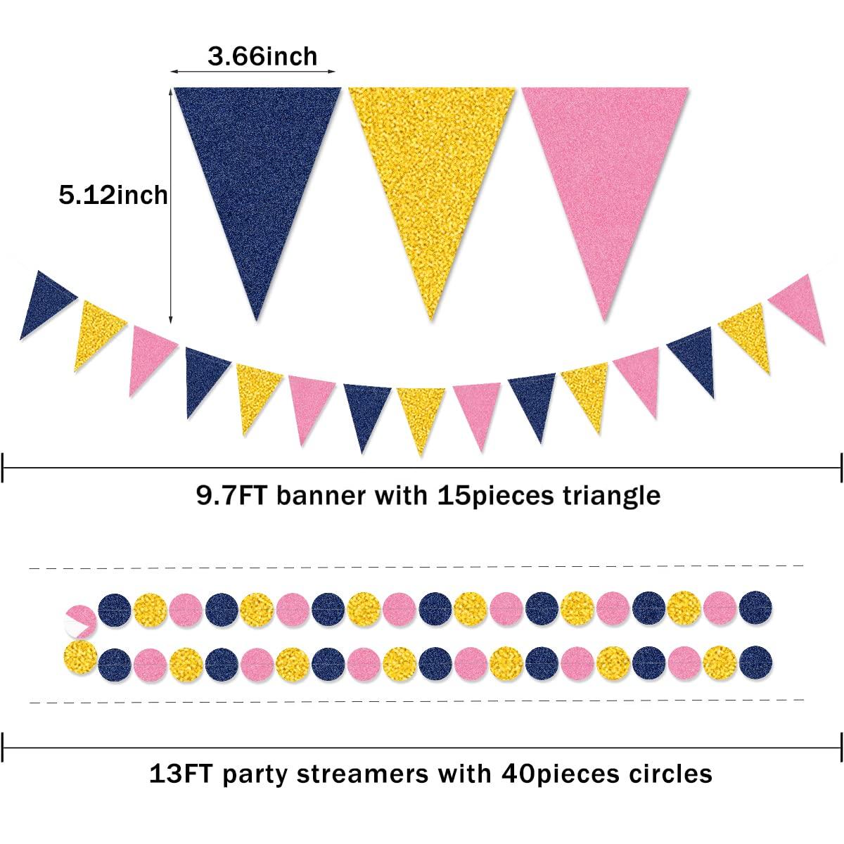 Gold Navy-Blue Pink Party Decorations - 23pcs Tissue Paper Flower Pom Poms Tassel Garland Pennant Banner Flags Streamers Birthday Baby Bridal Shower Engagement Bachelorette Wedding Gender Reveal Decor