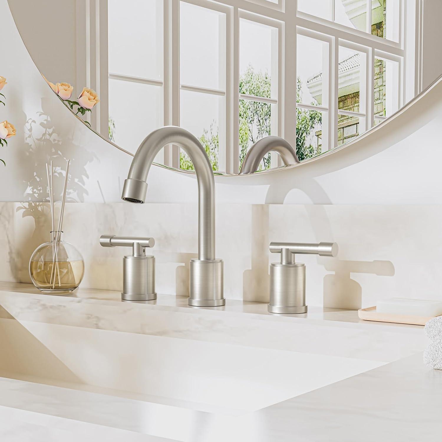 Phiestina 8 Inch Brushed Nickel Bathroom Faucet，3 Holes 2 Handles Widespread Stainless Steel Bathroom Sink Faucet with Metal Pop-Up Drain and Water Supply Lines,WFZY01-BN