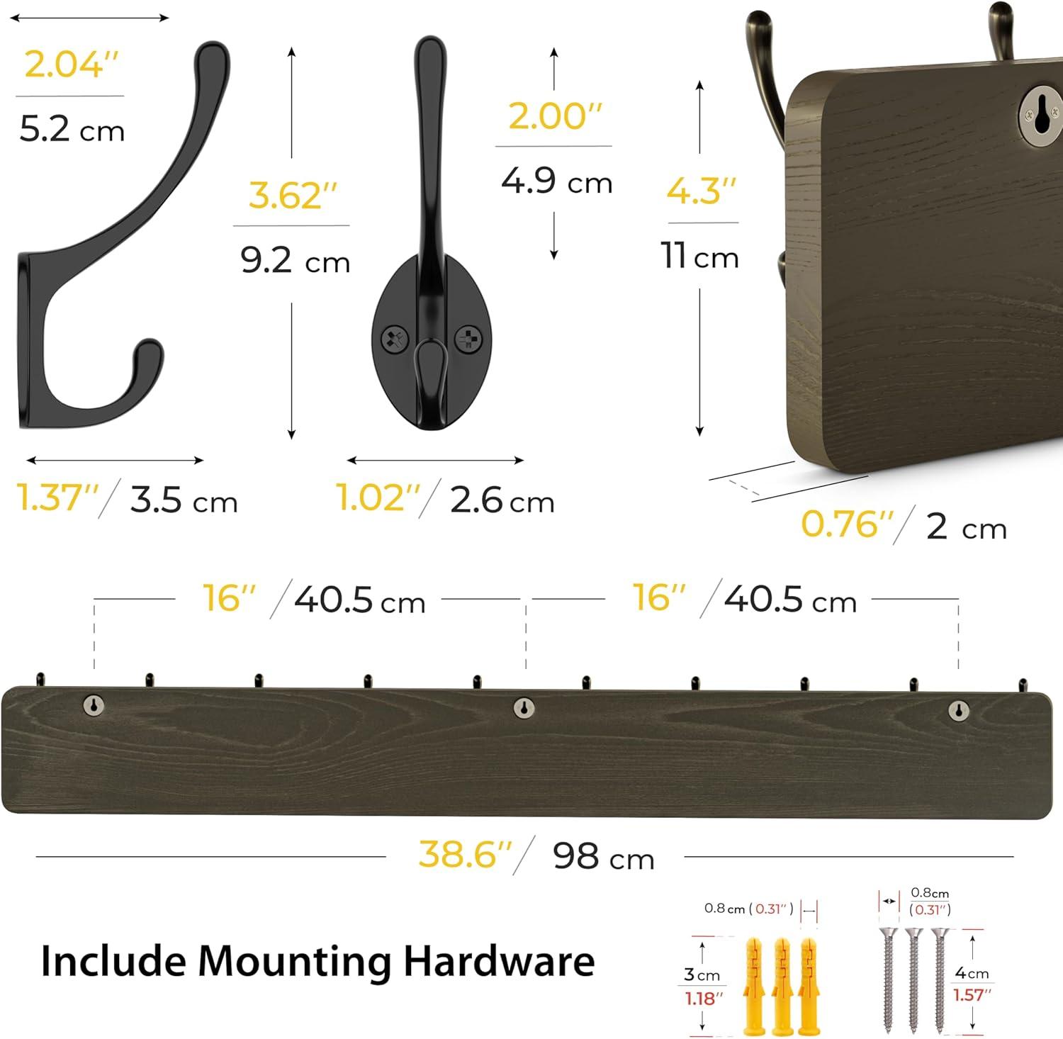 Rustic Coat Rack Wall Mount – 38.6 Inch Long Wall Mounted Coat Rack with 10 Hooks – Solid Pine Wood, Distressed Finish – Entryway Wall Hook Rack for Coats, Hats, Bags, Keys, Jackets - 2 Pack