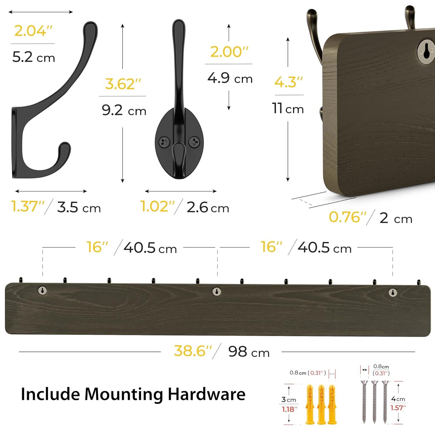 Rustic Coat Rack Wall Mount – 38.6 Inch Long Wall Mounted Coat Rack with 10 Hooks – Solid Pine Wood, Distressed Finish – Entryway Wall Hook Rack for Coats, Hats, Bags, Keys, Jackets - 2 Pack