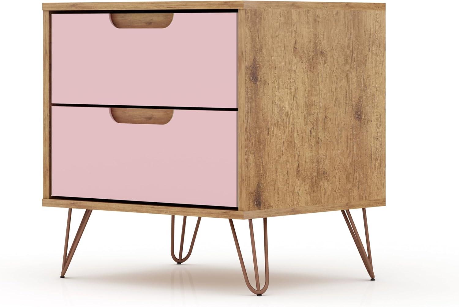2.0 Rockefeller Nightstand Natural/Rose Pink - Manhattan Comfort: Modern MDF Bedside Storage with Metal Glides
