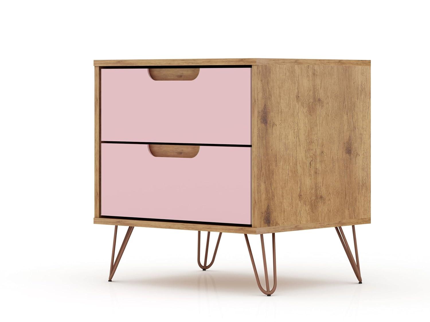 2.0 Rockefeller Nightstand Natural/Rose Pink - Manhattan Comfort: Modern MDF Bedside Storage with Metal Glides