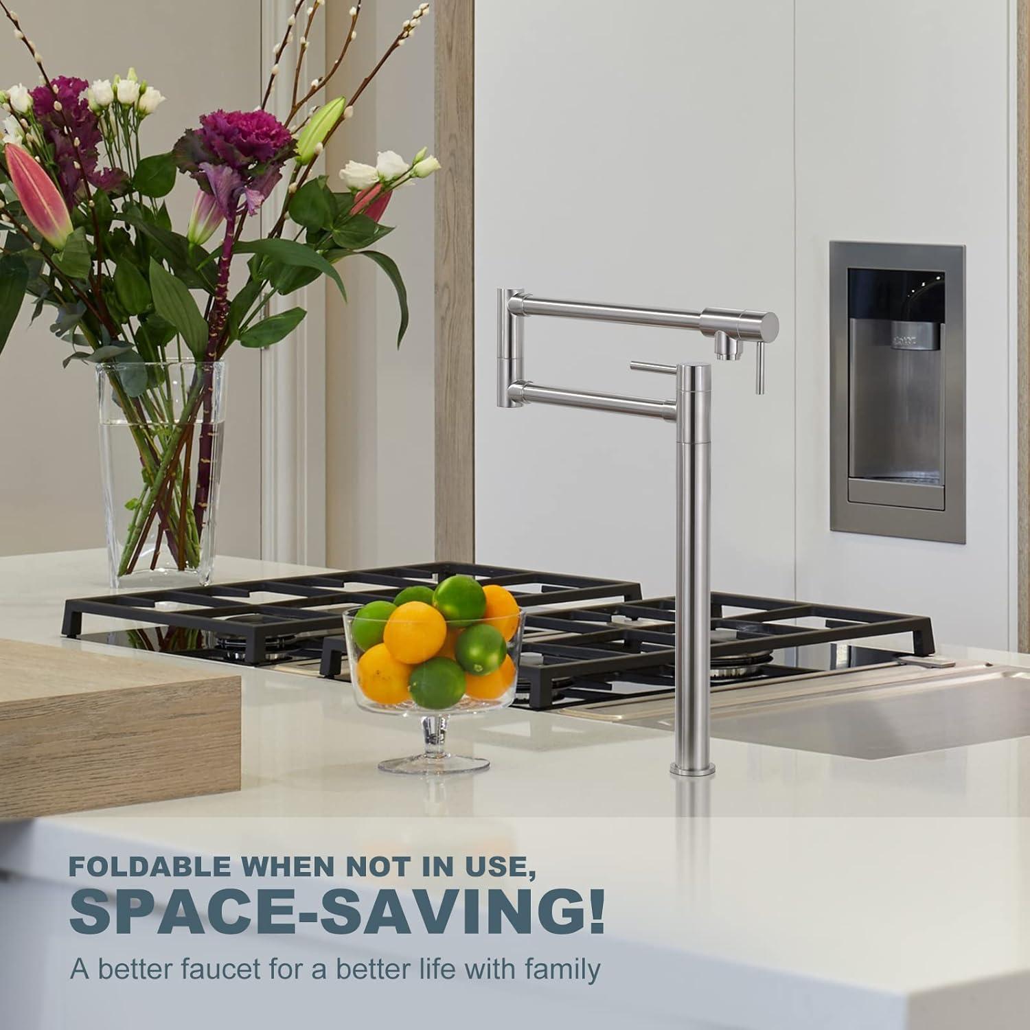 Wowow Pot Filler Faucet Deck Mount Stove Faucet, Solid Brass Pot Filler Brushed Nickel Kitchen Folding Faucet