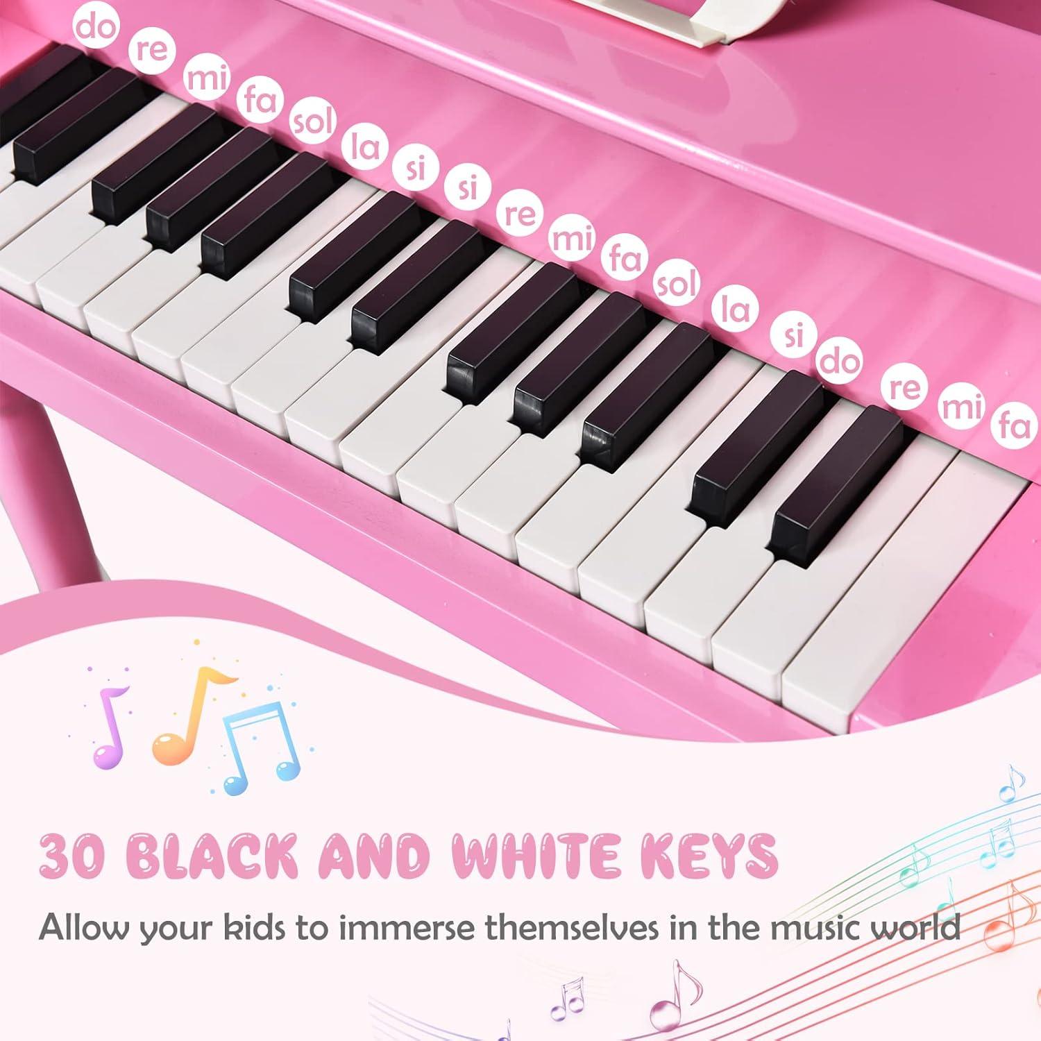 Costway 30-Key Classic Baby Grand Piano Toddler Toy Wood w/ Bench & Music Rack Pink