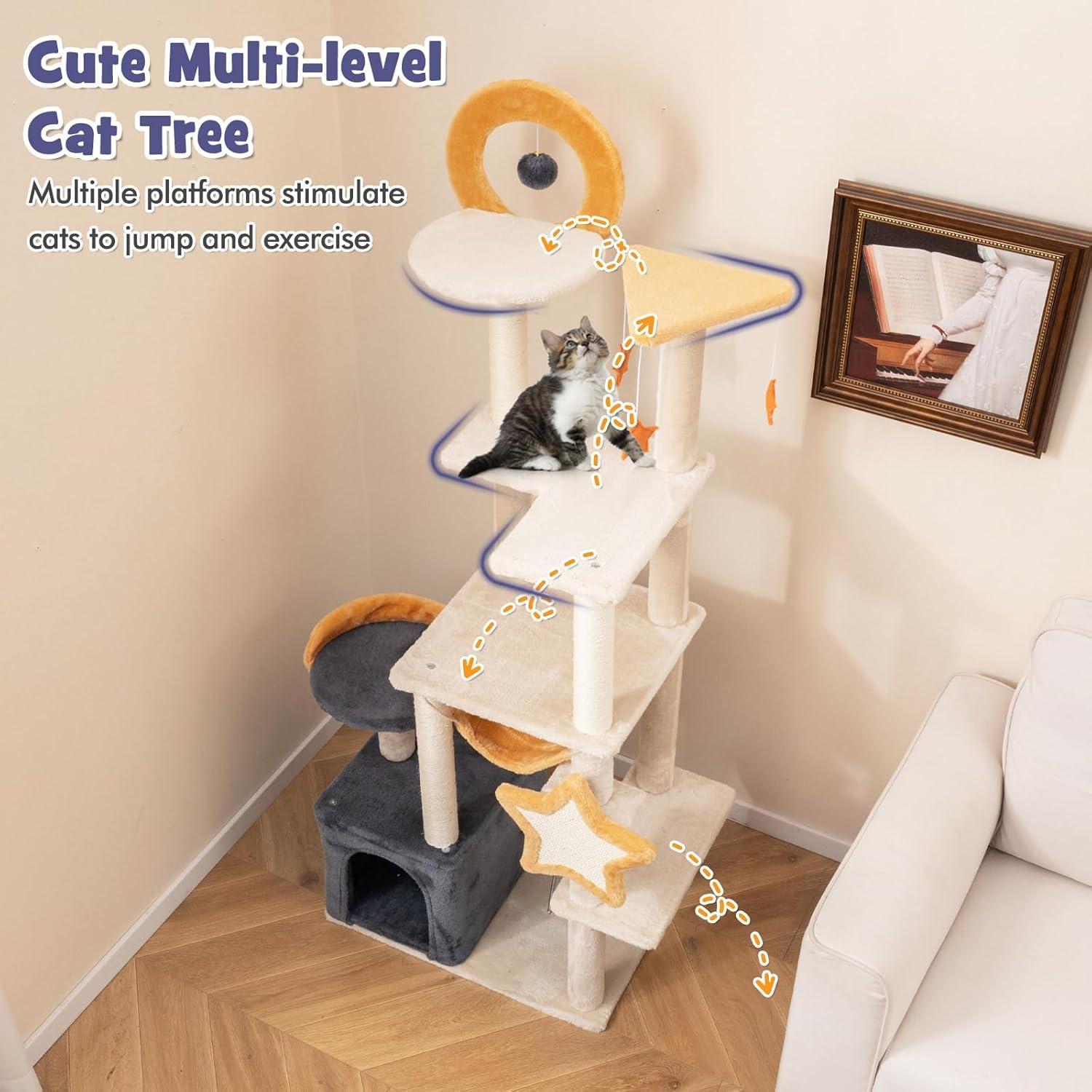 PawHut Cat Tree, 63 Inch Moon and Star Themed Cat Tower with Scratching Post, Hammock, Condo, Bed, Scratching Board & Cat Toys, Beige