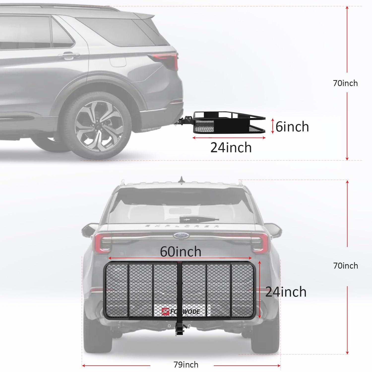 SAIYA 60x24x6 Hitch Cargo Carrier for 2 Inch Receiver, 500LB Capacity Hitch Mount Cargo Rack Carrier, Folding Hitch Cargo Basket with Antirust Coat