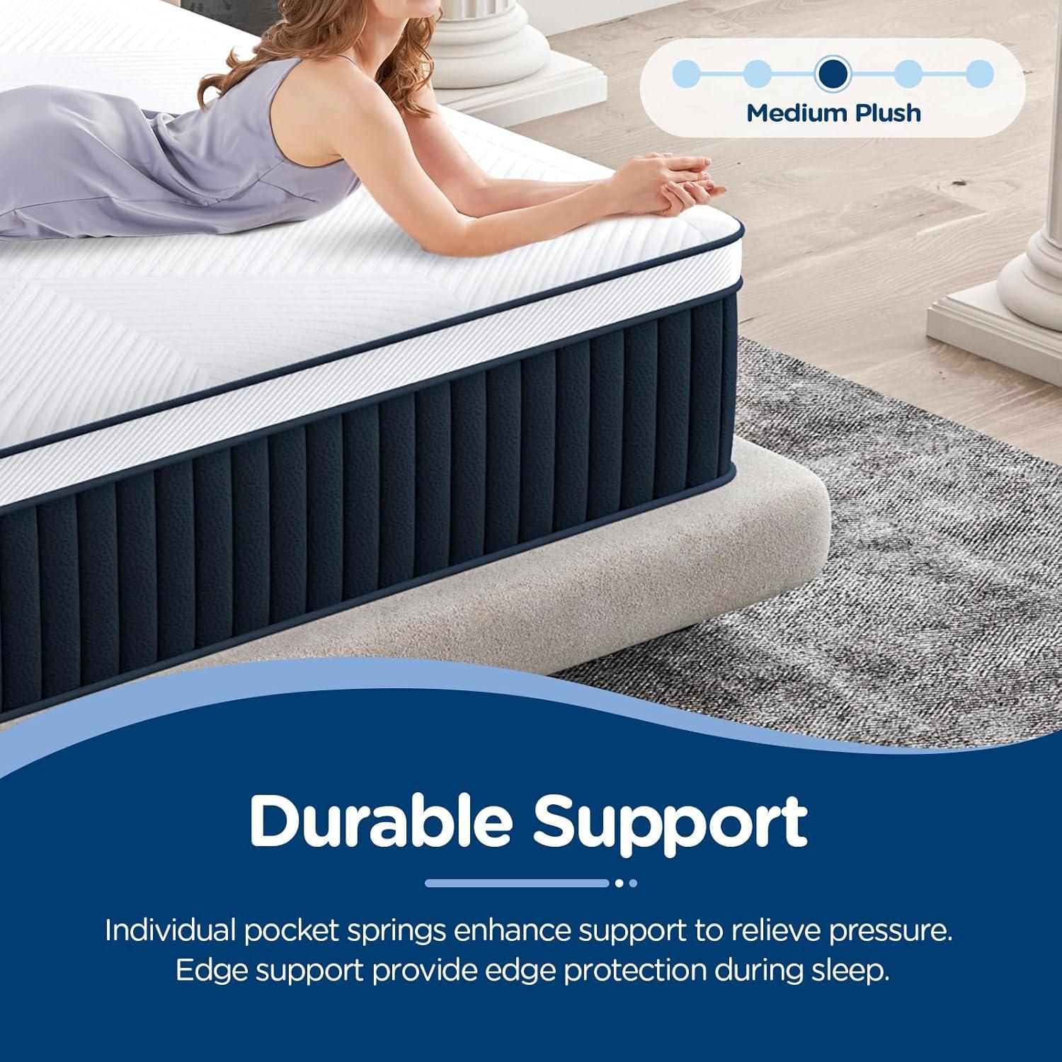 DIGLANT King Mattress, 14Inch Medium Plush Supportive Memory Foam Hybrid Mattress,  7-Zone Individual Pocket Springs King Size Mattress in a Box, CertiPUR-US Certified