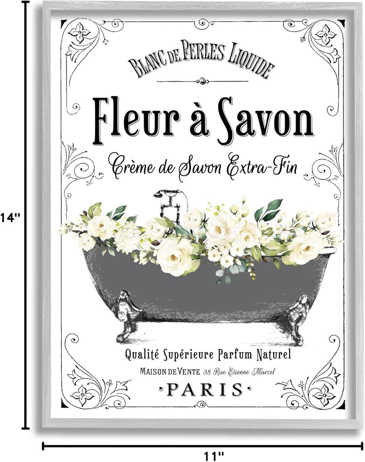 Stupell Industries Fleur a Savon Vintage Parisian Bathroom Floral Tub Graphic Art Gray Framed Art Print Wall Art, 11x14, by Lettered and Lined