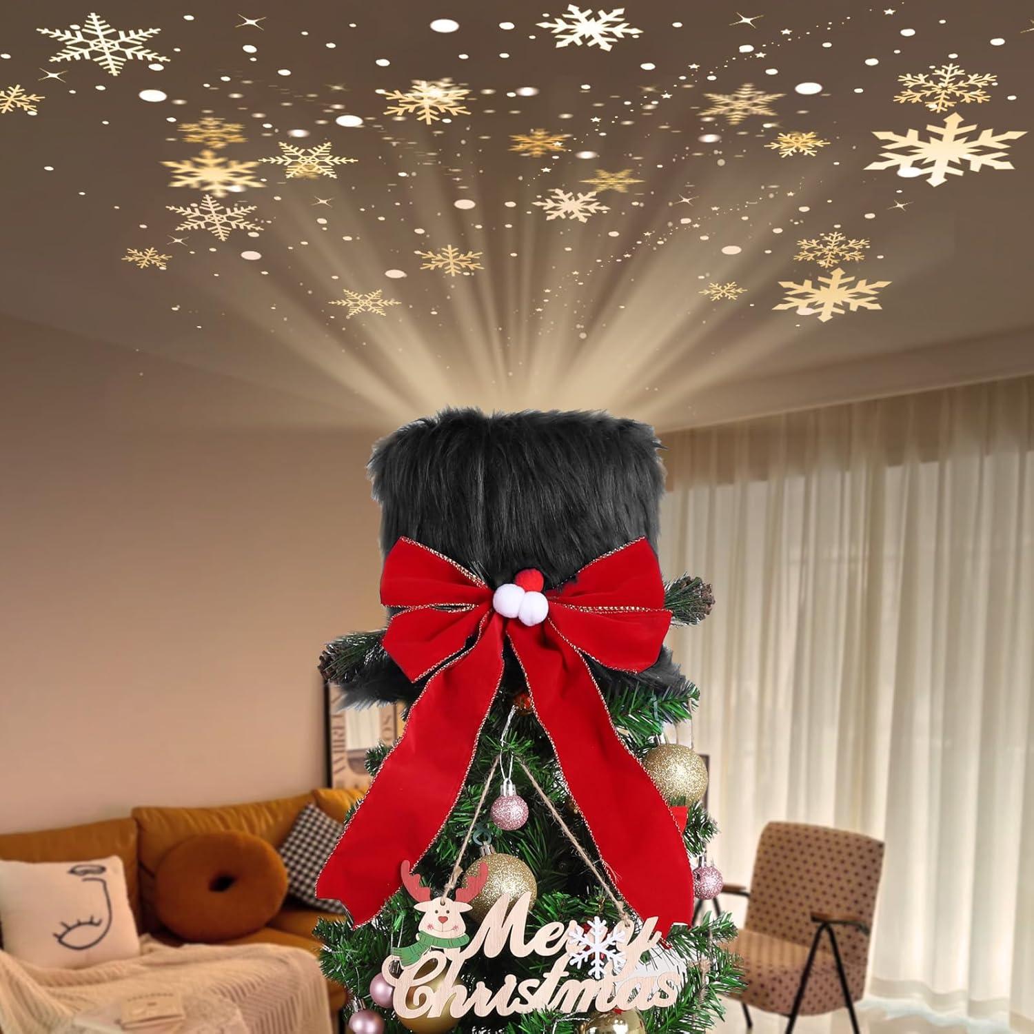 Black Plush Christmas Tree Topper Hat with Red Bow and LED Projector