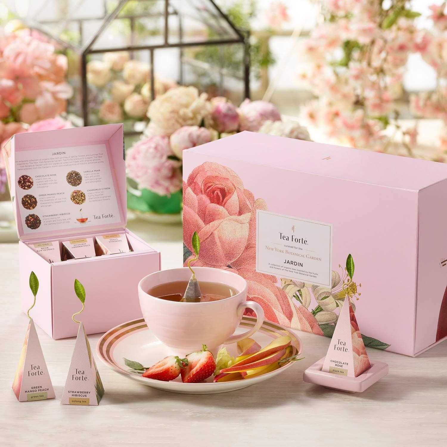 Jardin Gift Set with Pink Cafe Cup, Tea Tray and 10 Handcrafted Pyramid Tea Infuser Bags