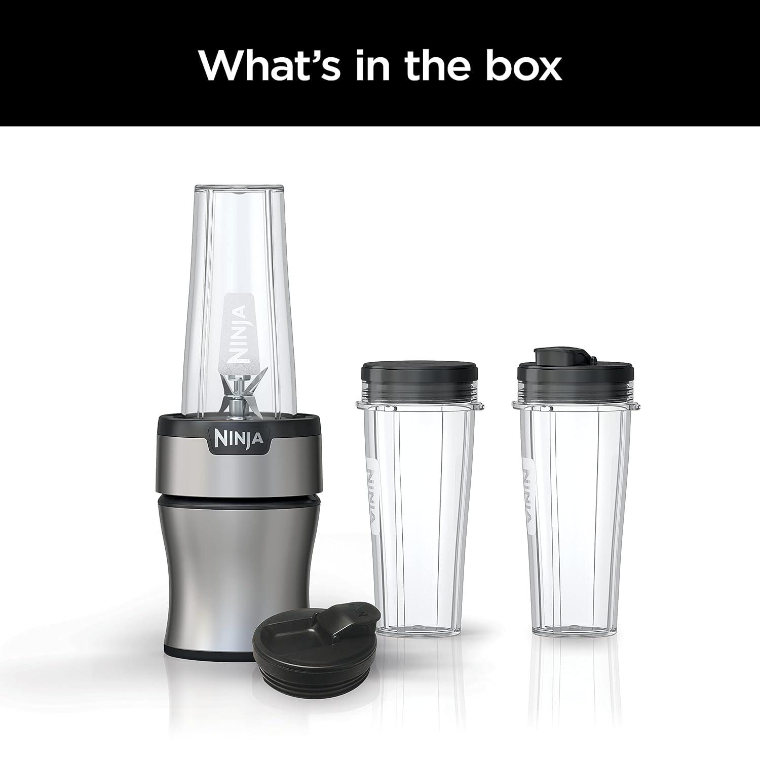 Ninja BN301 Nutri-Blender Plus Compact Personal Blender, 900-Peak-Watt Motor, Frozen Drinks, Smoothies, Sauces & More, (3) 20 oz. To-Go Cups, (2) Spout-Lids (1) Storage-Lid, Dishwasher Safe, Silver