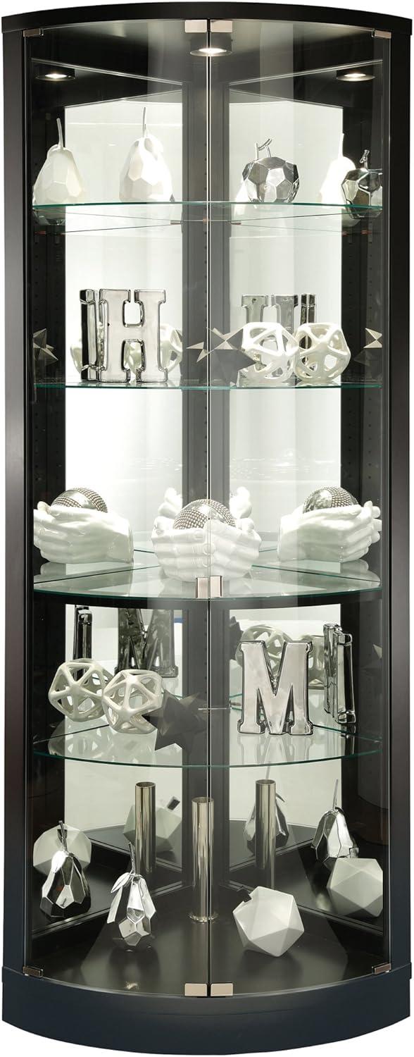 Black Satin Lighted Corner Curio Cabinet with Glass Shelves