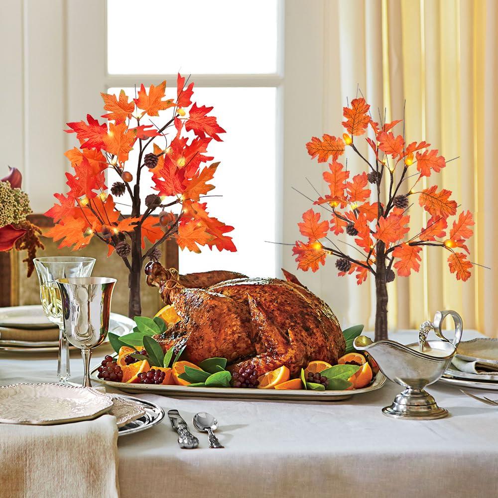 Fall Decorations For Home, 24”/2FT Lighted Fall Maple Leaves Tree With 24LT Warm White Leds For Autumn Decor, 12 Wood Acorns Ornaments Battery Powered Timer For Home Decor, Thanksgiving